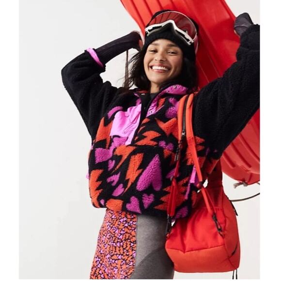NWT NEW Free People Rocky Ridge Fleece Jacket Pullover Bolts of Love Heart Print - Picture 2 of 8